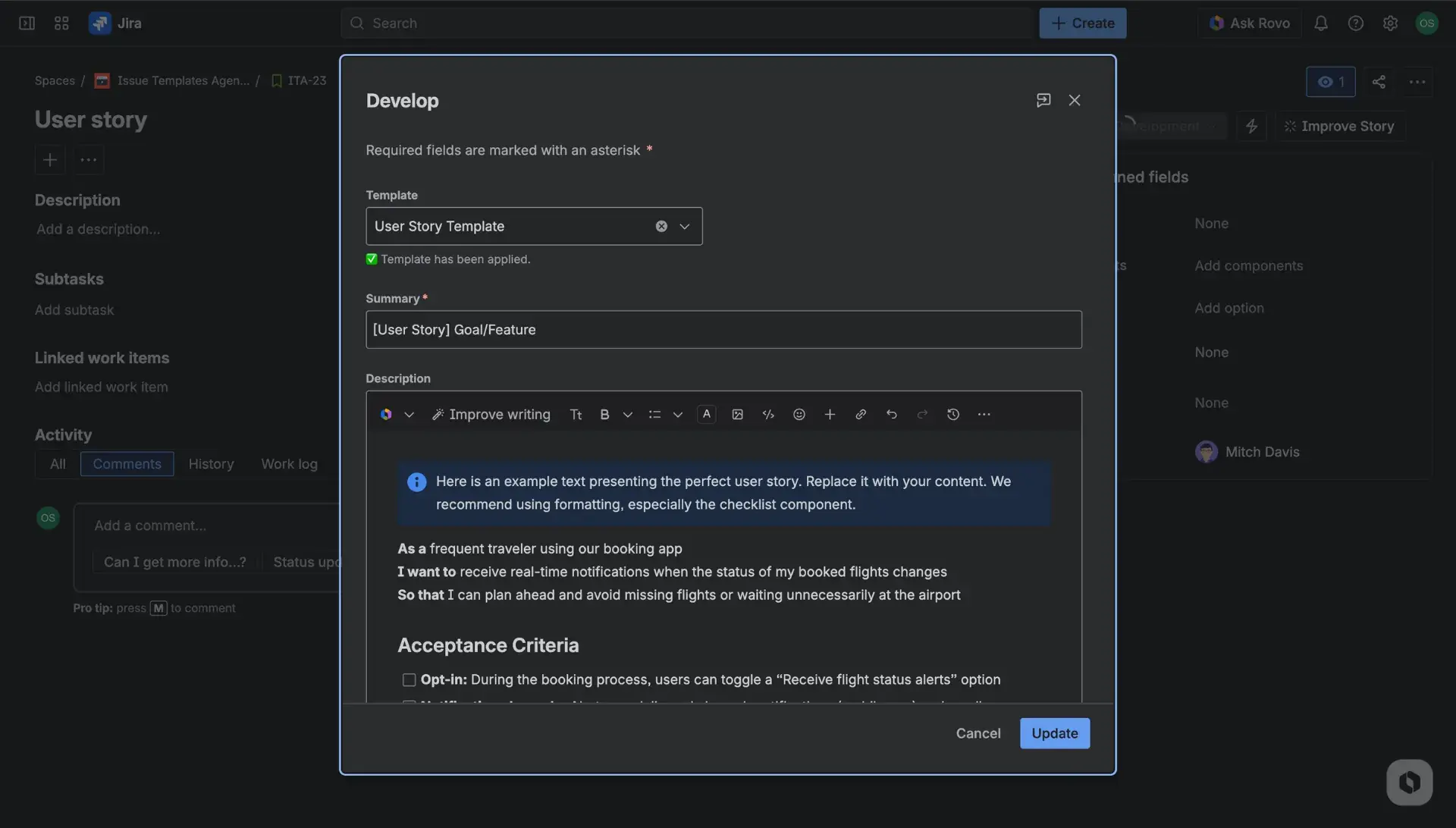 The transition screen window with fields, which are filled in by the selected Jira issue template.