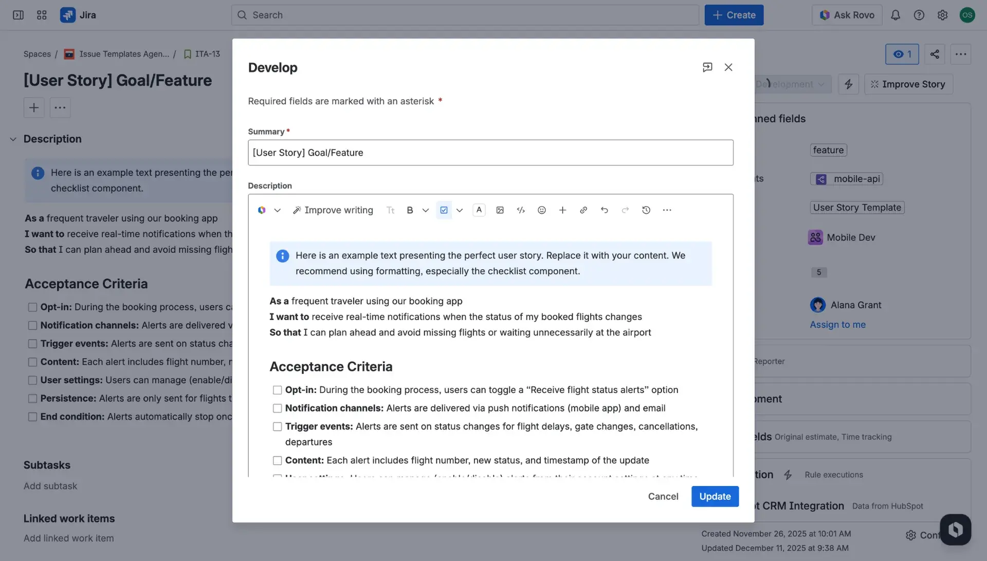 The transition screen window with fields, which are filled in by the selected Jira issue template.