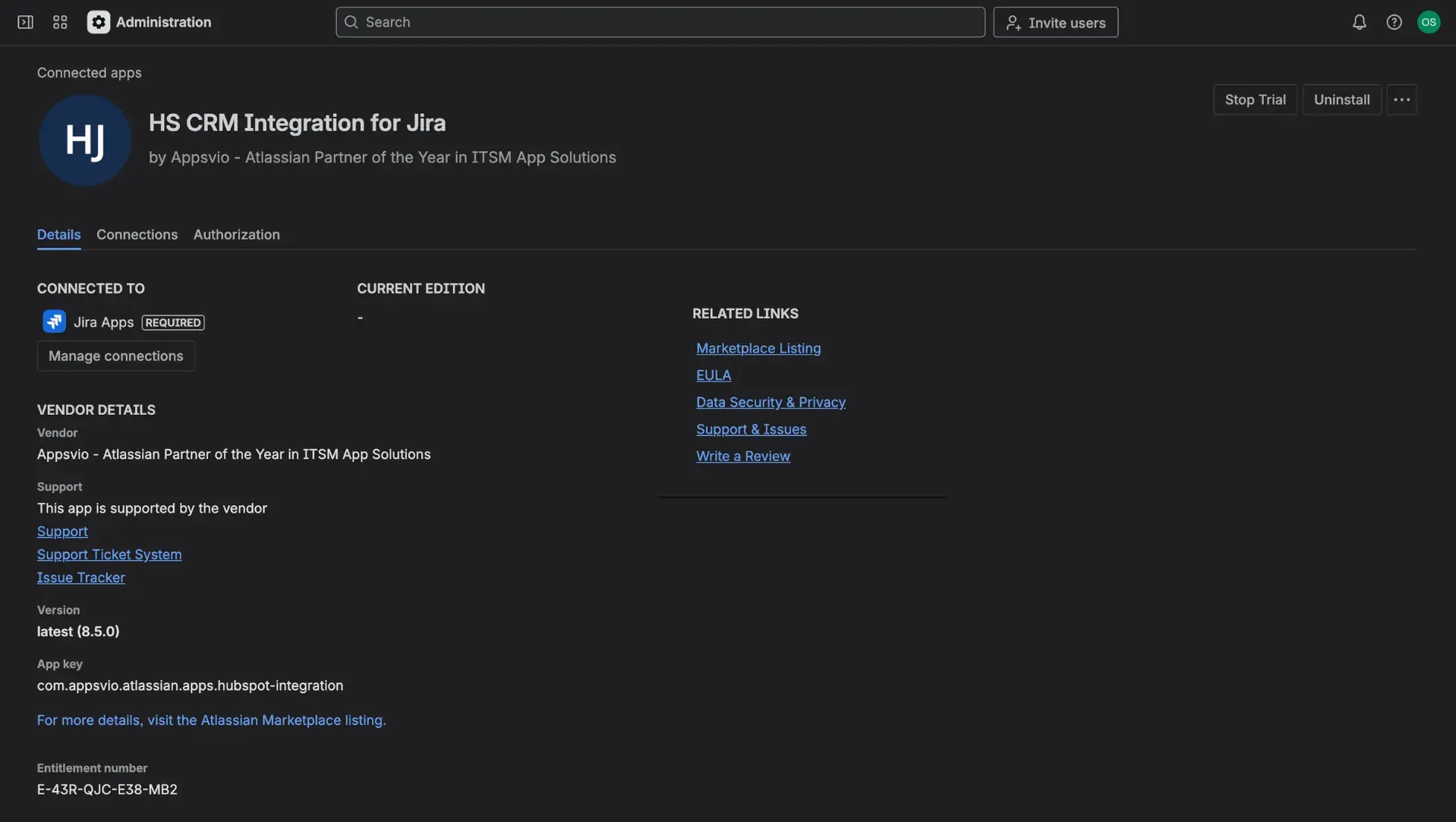 Screen of HubSpot Jira integration app in Jira administration - the Uninstall button is portrayed at the top right corner.