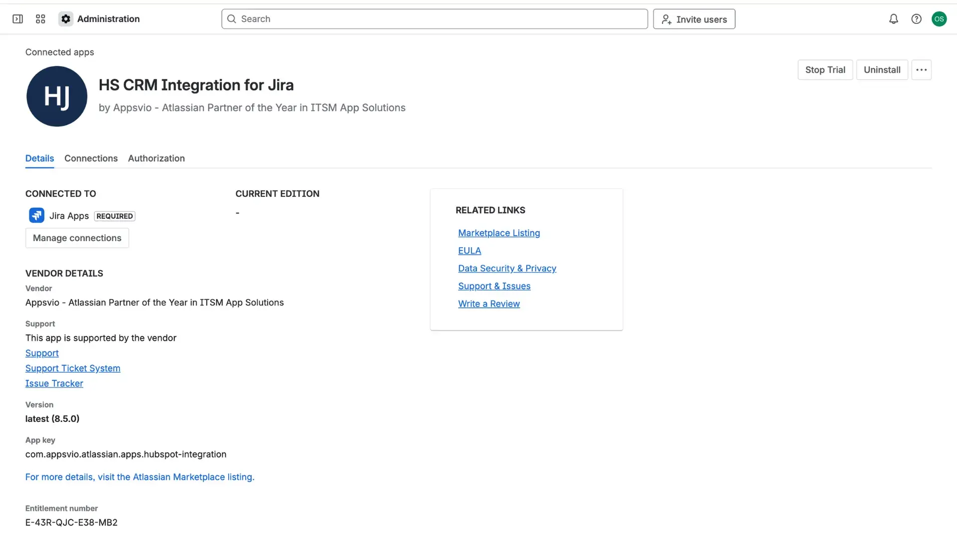 Screen of HubSpot Jira integration app in Jira administration - the Uninstall button is portrayed at the top right corner.