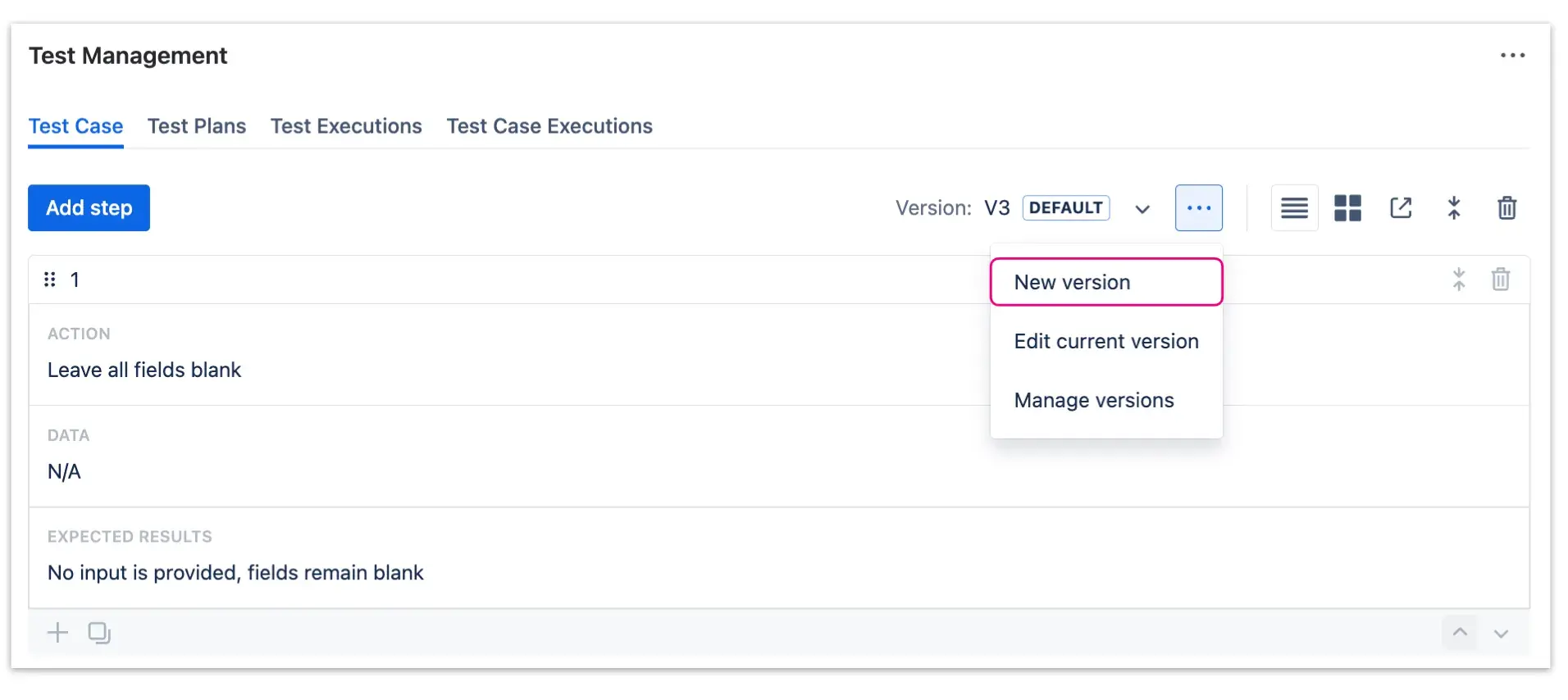 A dropdown menu in a test management panel in Jira test case with a highlighted option to create a new version of test steps.