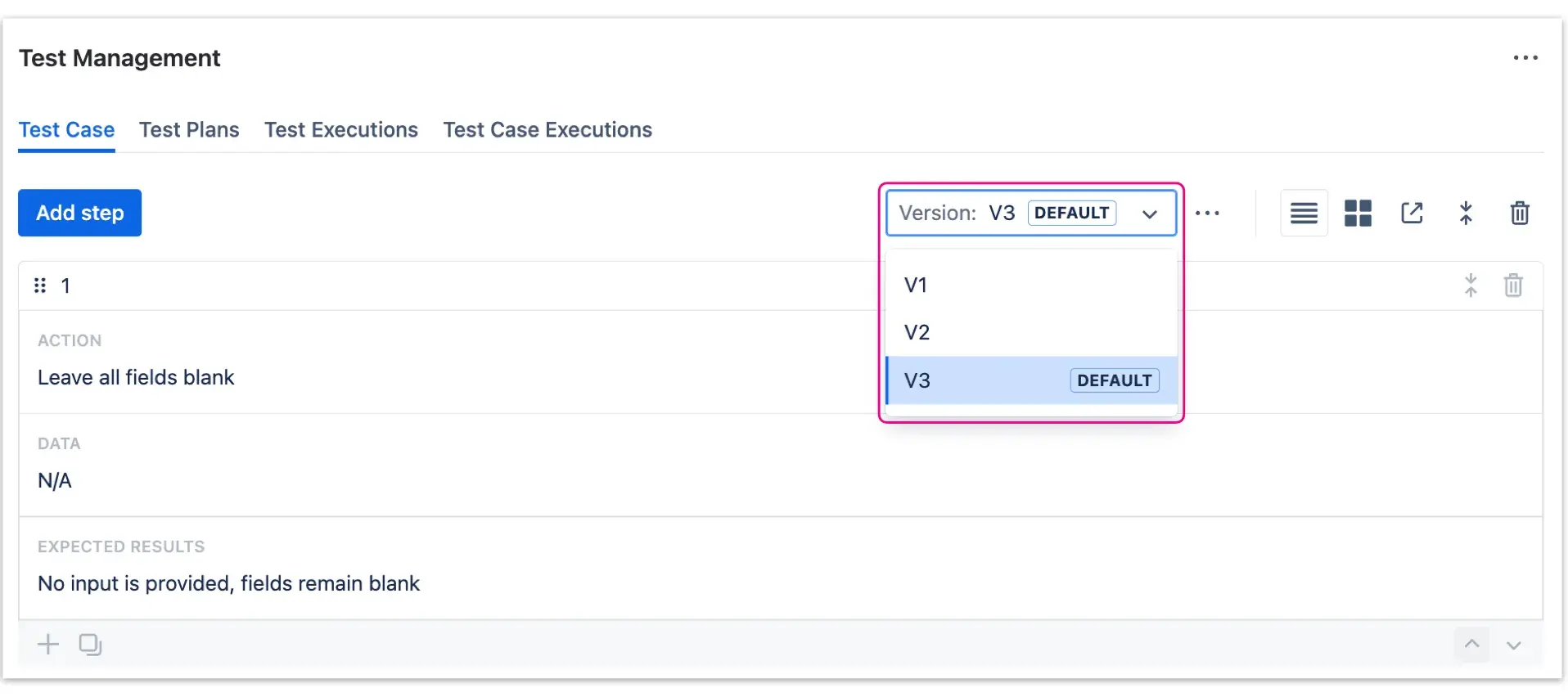 Version dropdown menu is used for switching between Test Steps versions easily, without leaving a Jira test case issue.