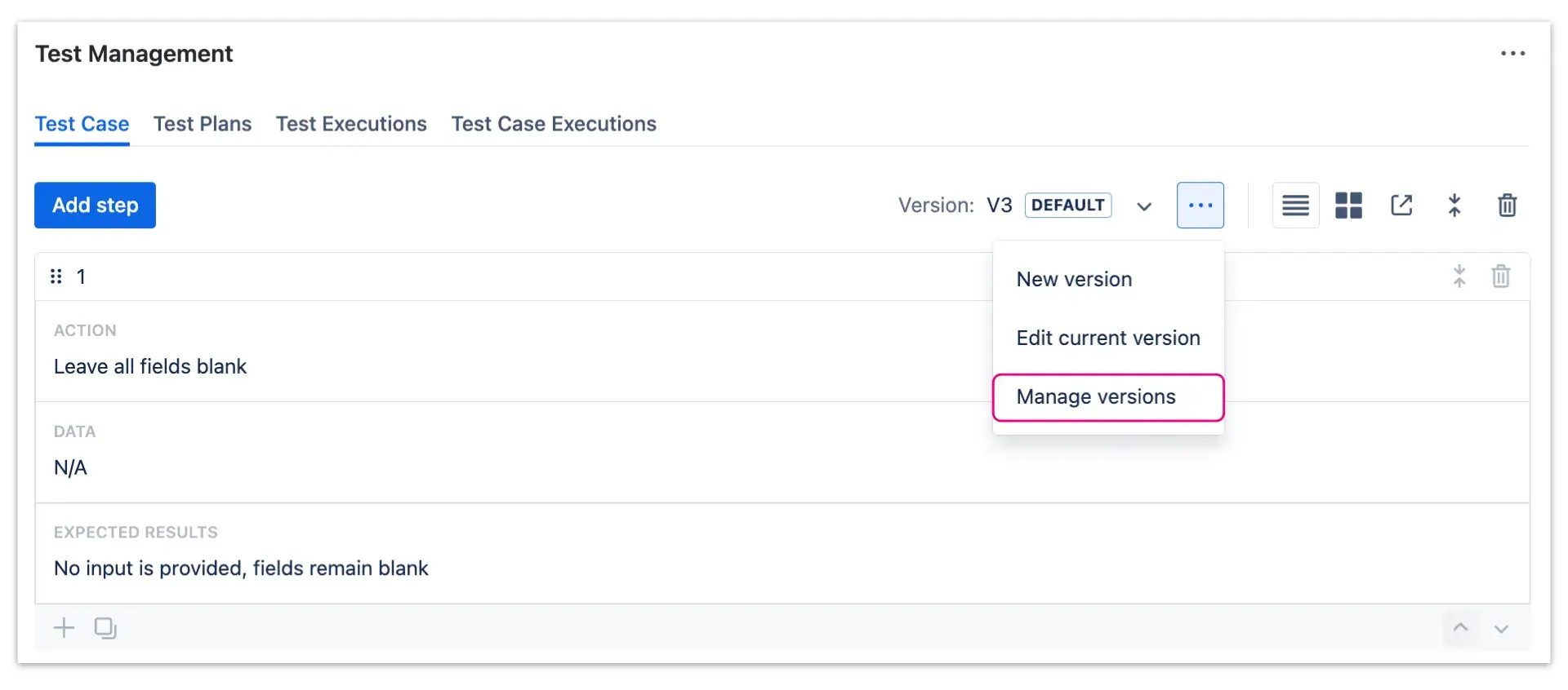 Dropdown menu with Manage versions highlighted - option for managing a whole set of versions within a Jira test case issue.