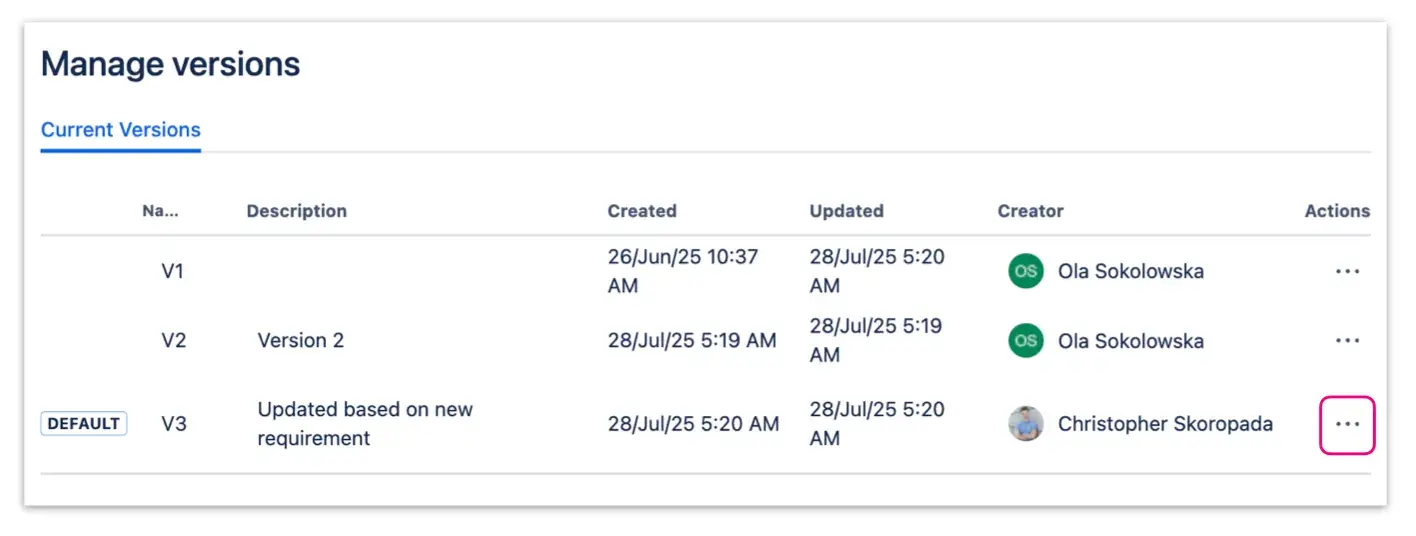 Manage versions dialog window that includes details regarding test steps versions, e.g. name, description, update date, creator and actions menu.