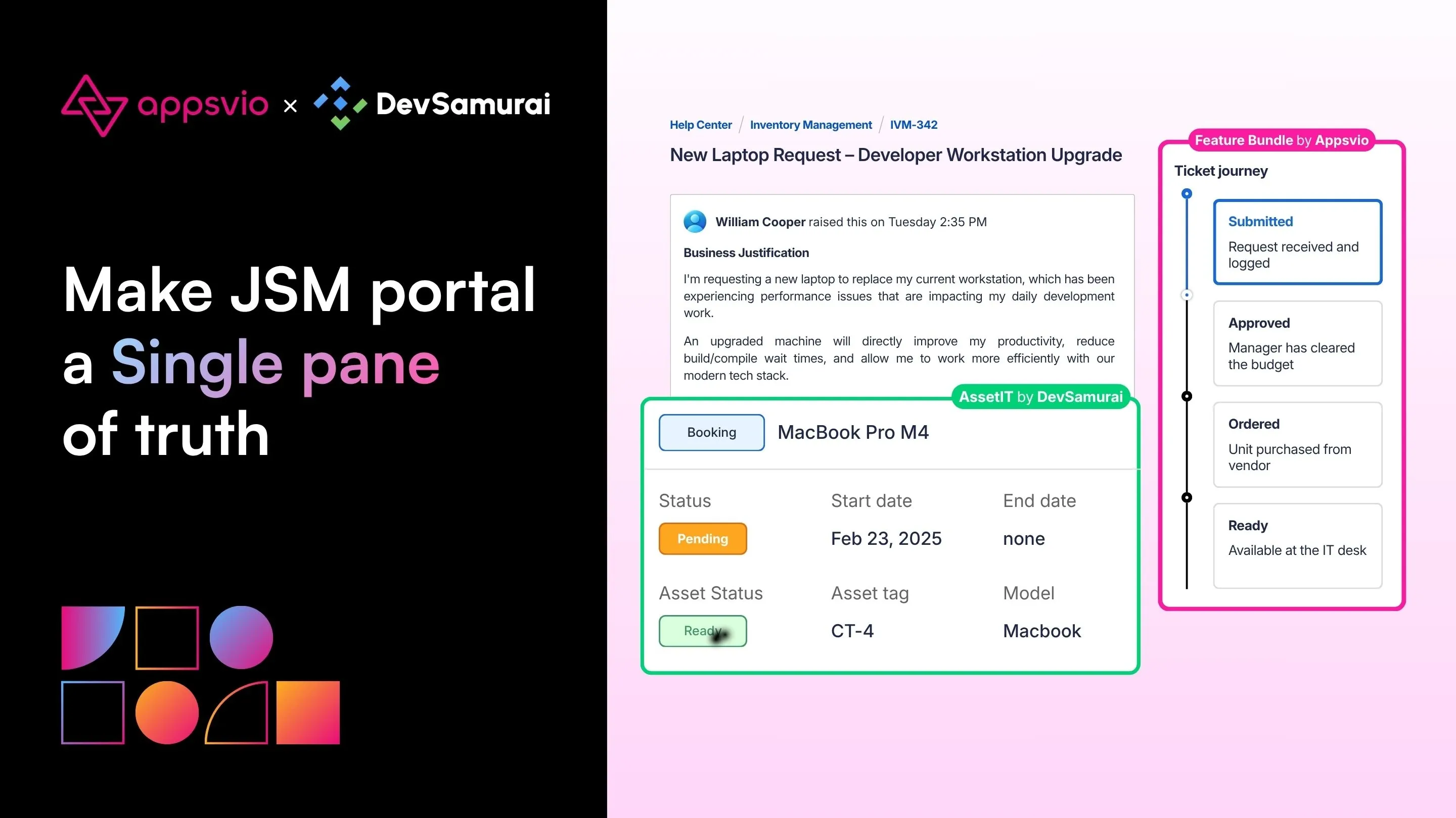 Transparent JSM portal with asset tracking and ticket journey