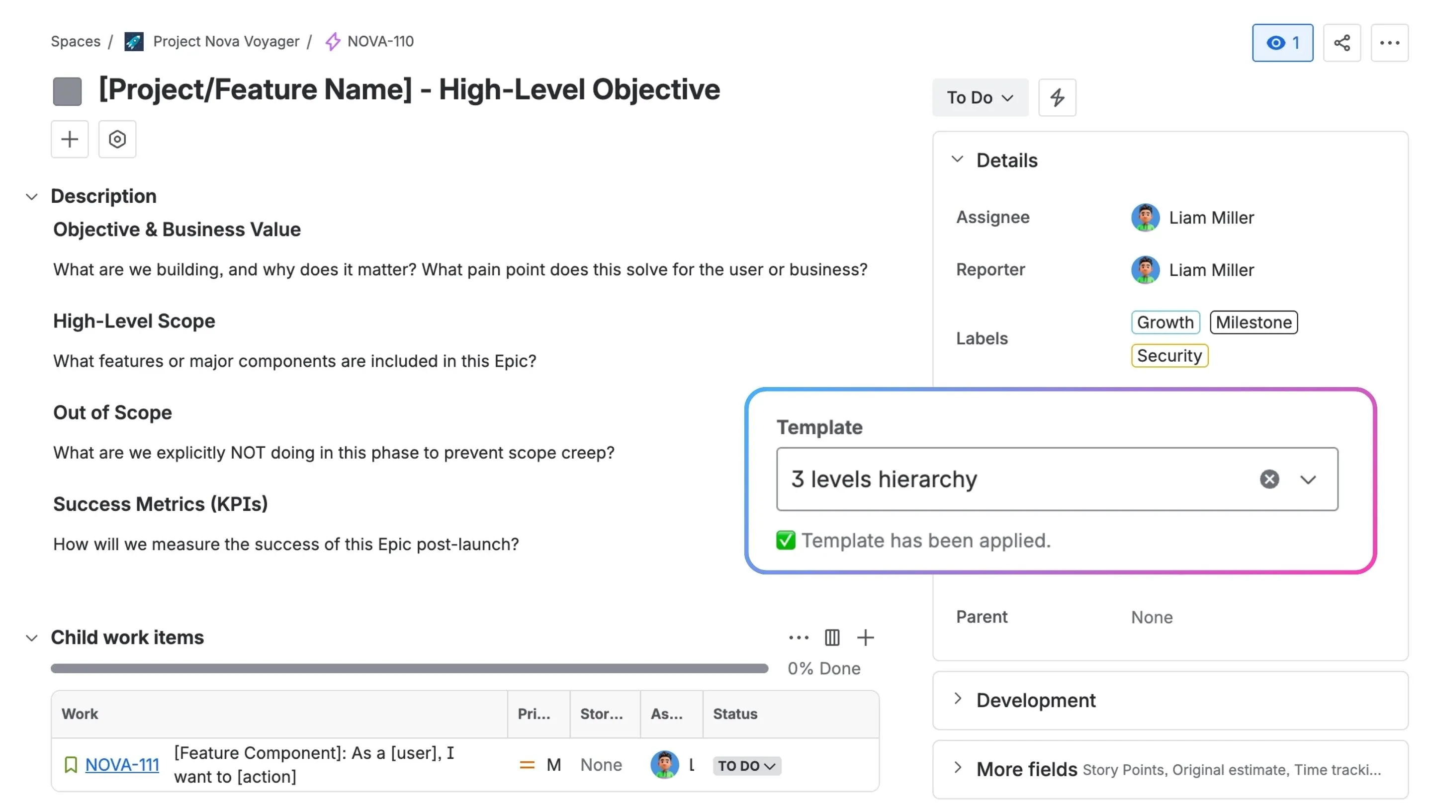 Selecting a multi-level hierarchy template during issue creation
