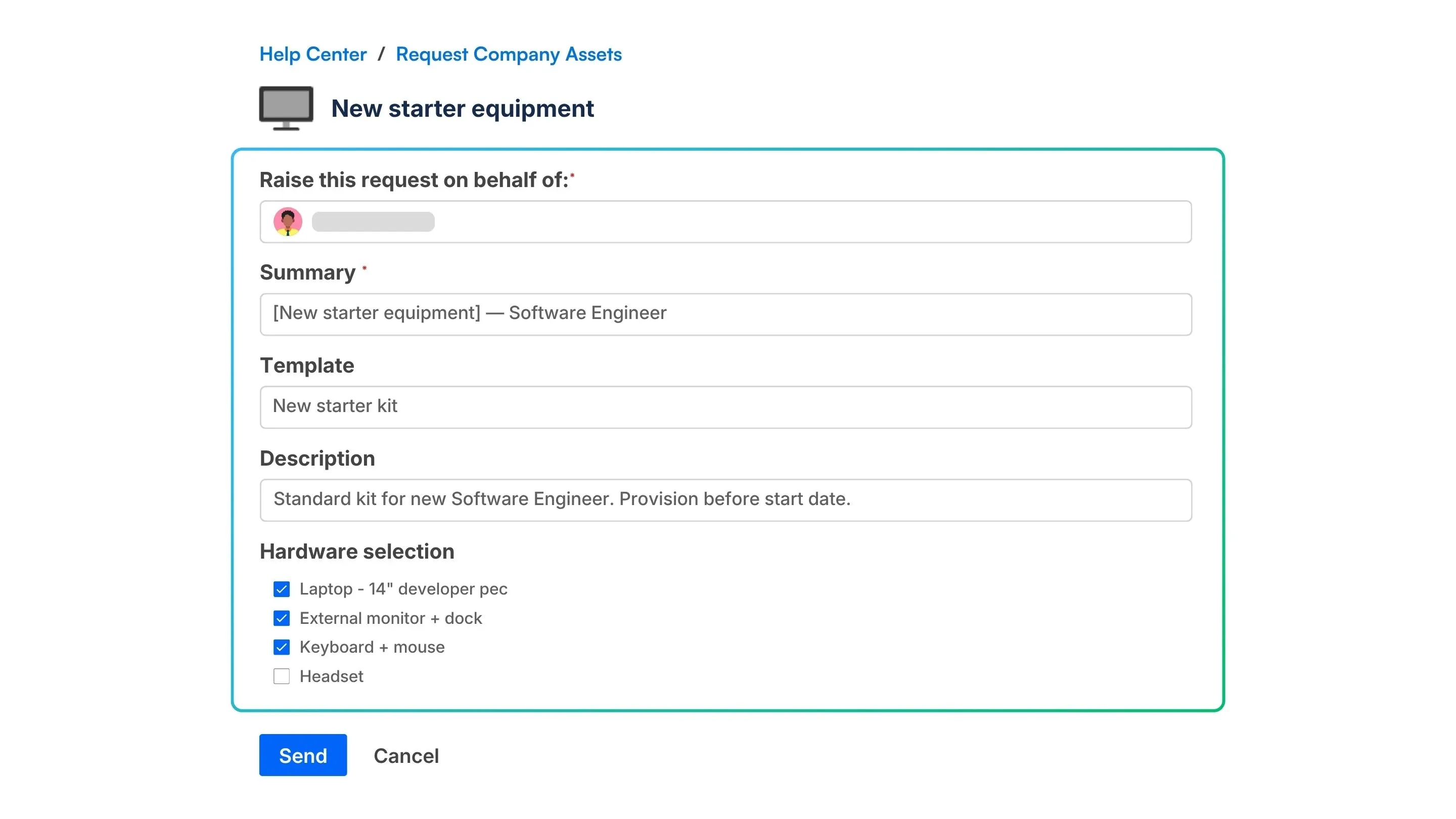 Standardized onboarding equipment request form on the JSM portal