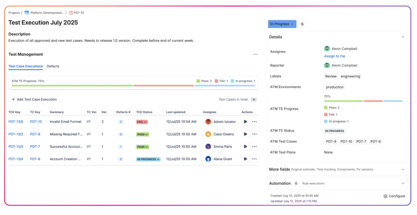 Test Execution is a native Jira work item in Appsvio Test Management tool, allowing to view progress of execution with one glance.