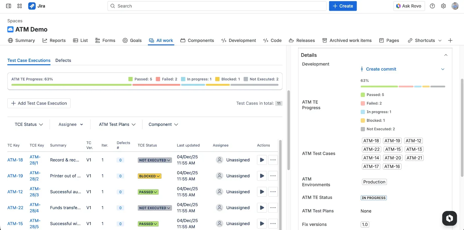 Test Execution view in Appsvio Test Management