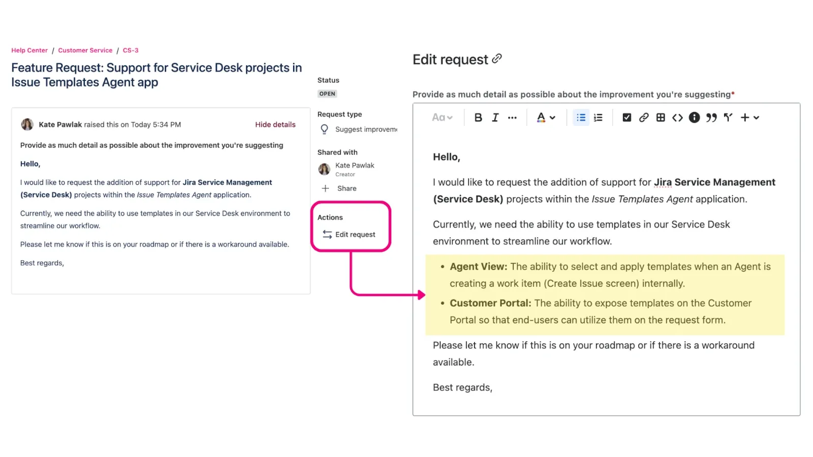 Edit service desk request on the customer portal with customer action from Feature Bundle