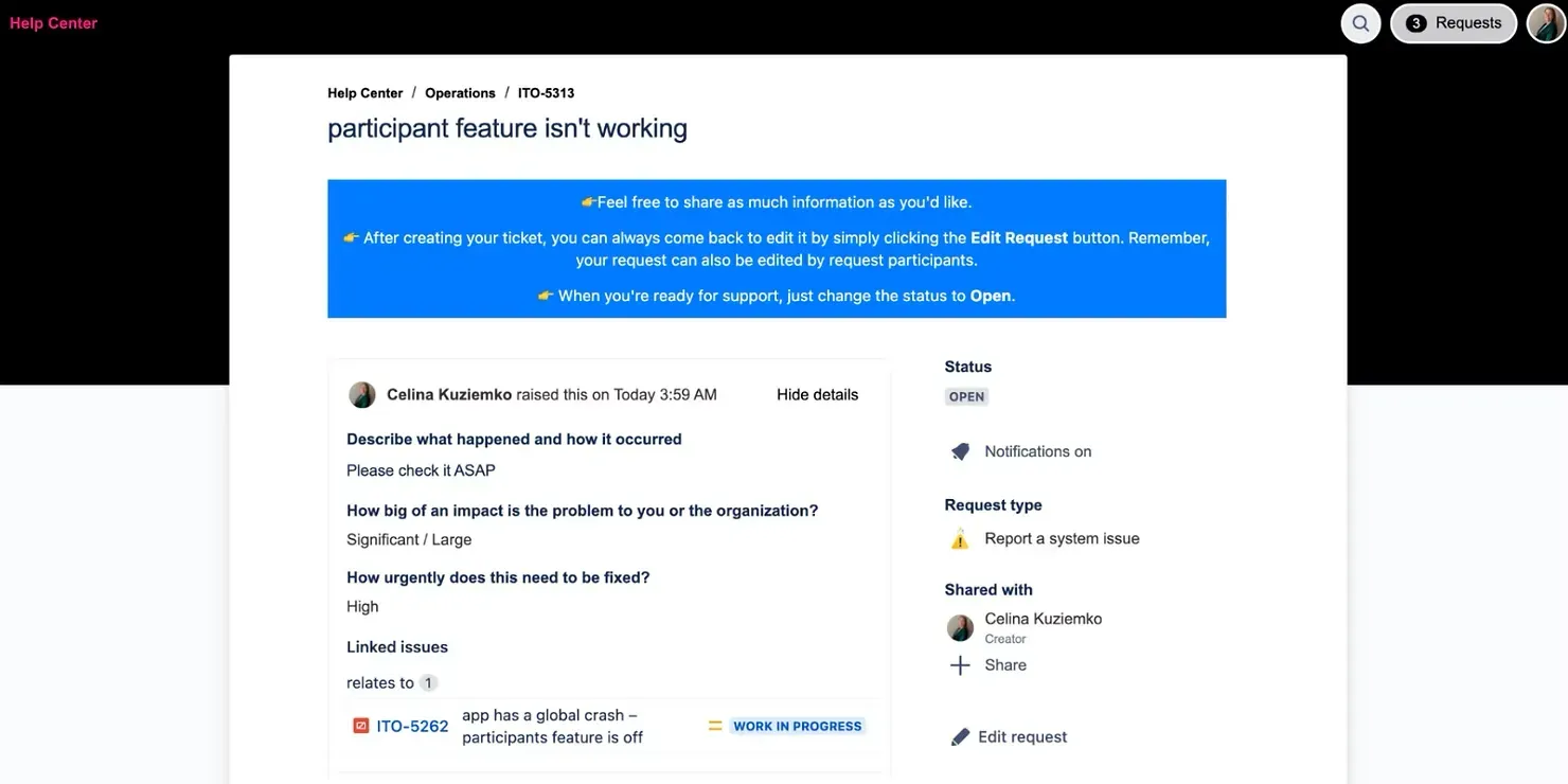 Edit request and displaying linked issues