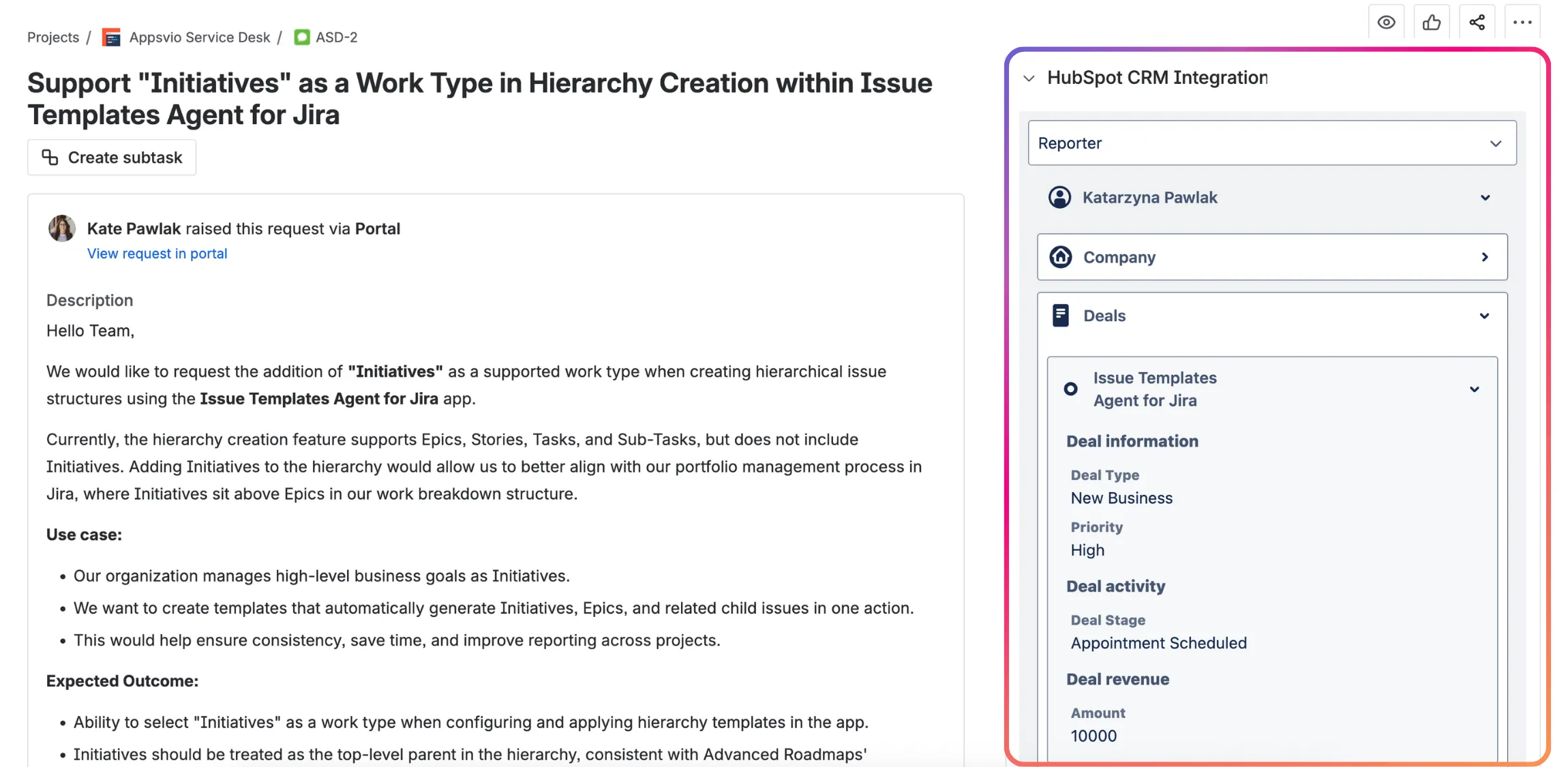 Hubspot Panel on Jira