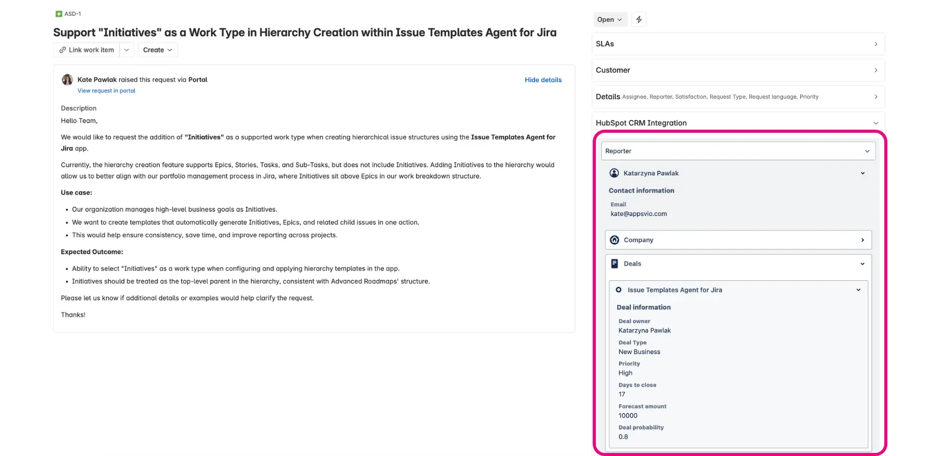 HubSpot panel work item view