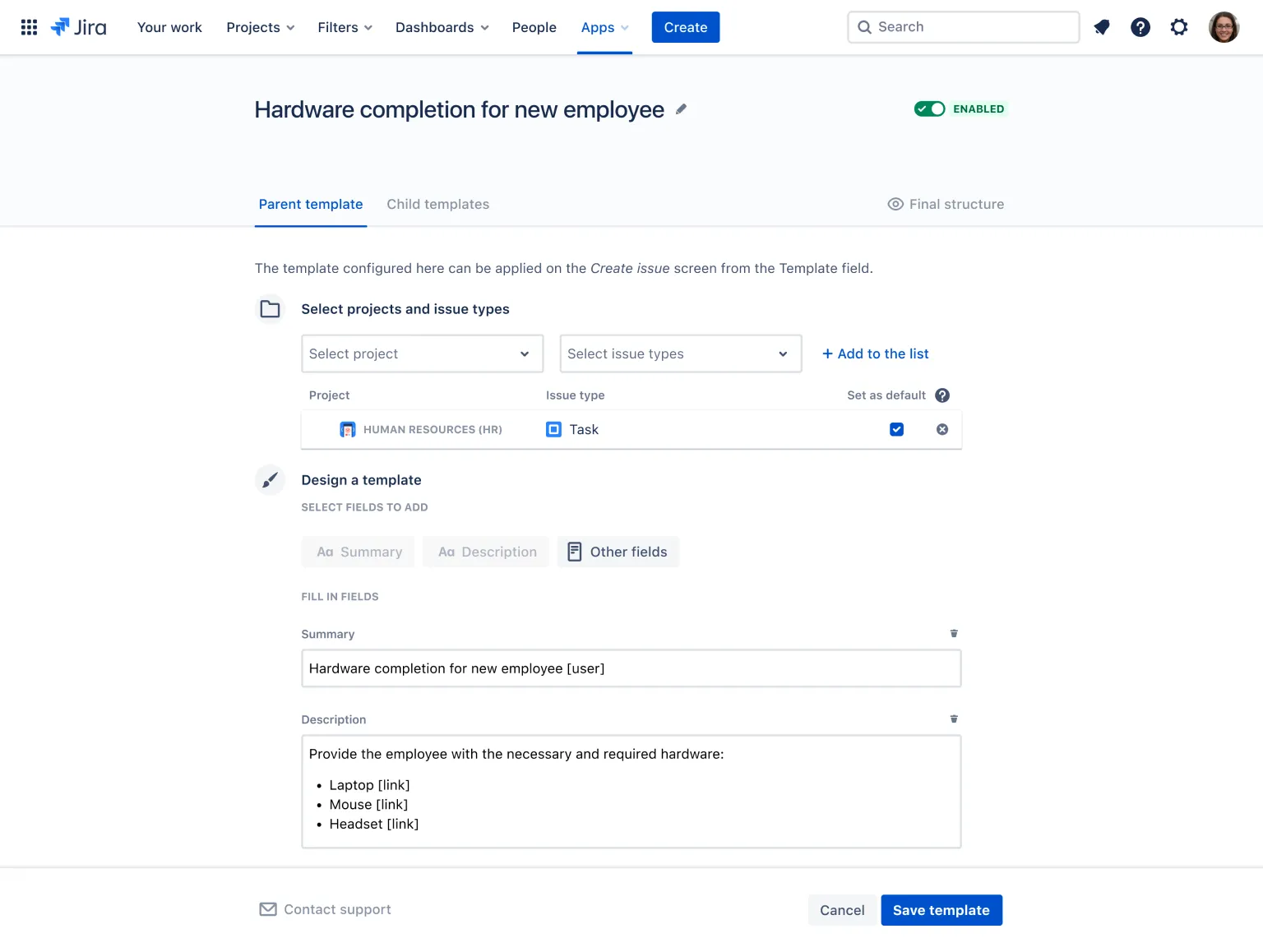 Configuration of Issue Templates Agent