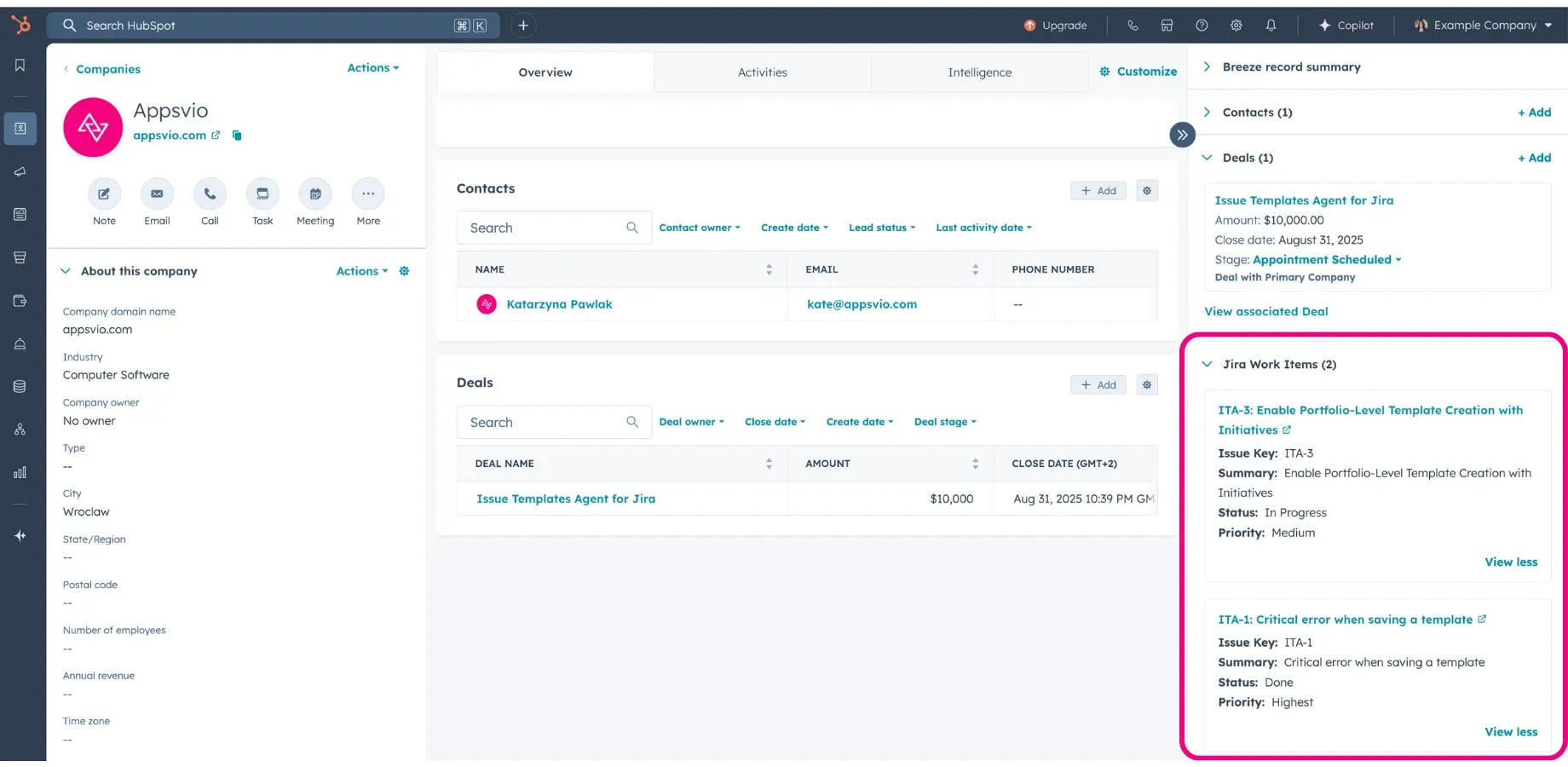 Jira work items in HubSpot view