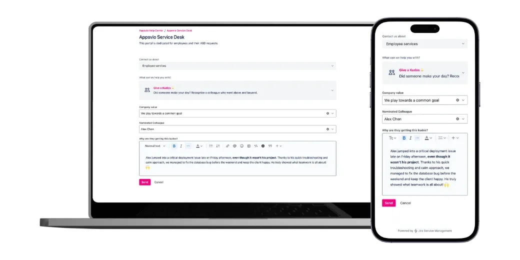 Mobile-friendly Jira Service Management customer portal request form titled Give a kudos with custom asset fields for Employee, Company Value, and Description text field