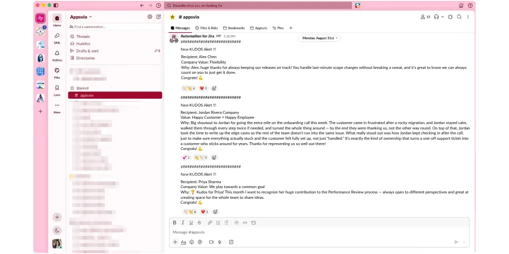 Automated Slack notification message template containing a public monthly kudos summary with recipient name, description, and corporate value