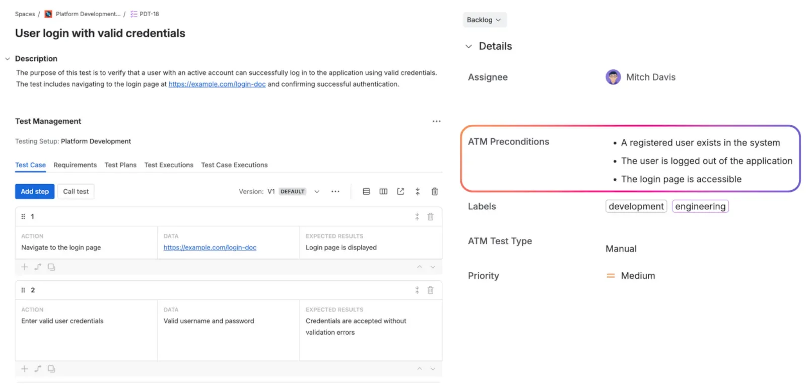 Preconditions in Test Cases items in ATM
