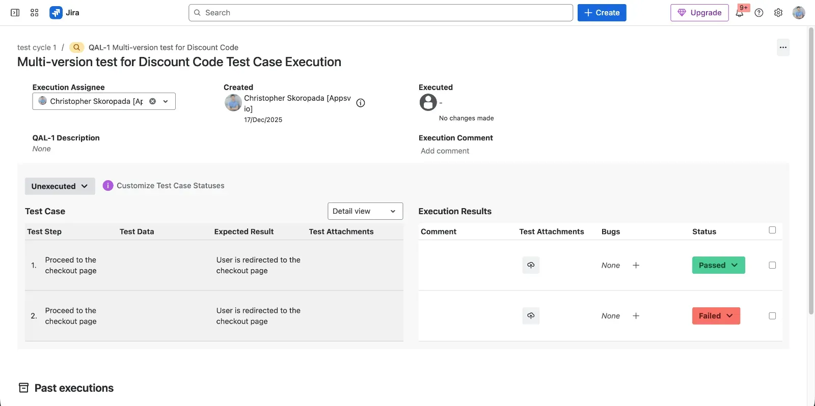 Test Execution view in QAlity