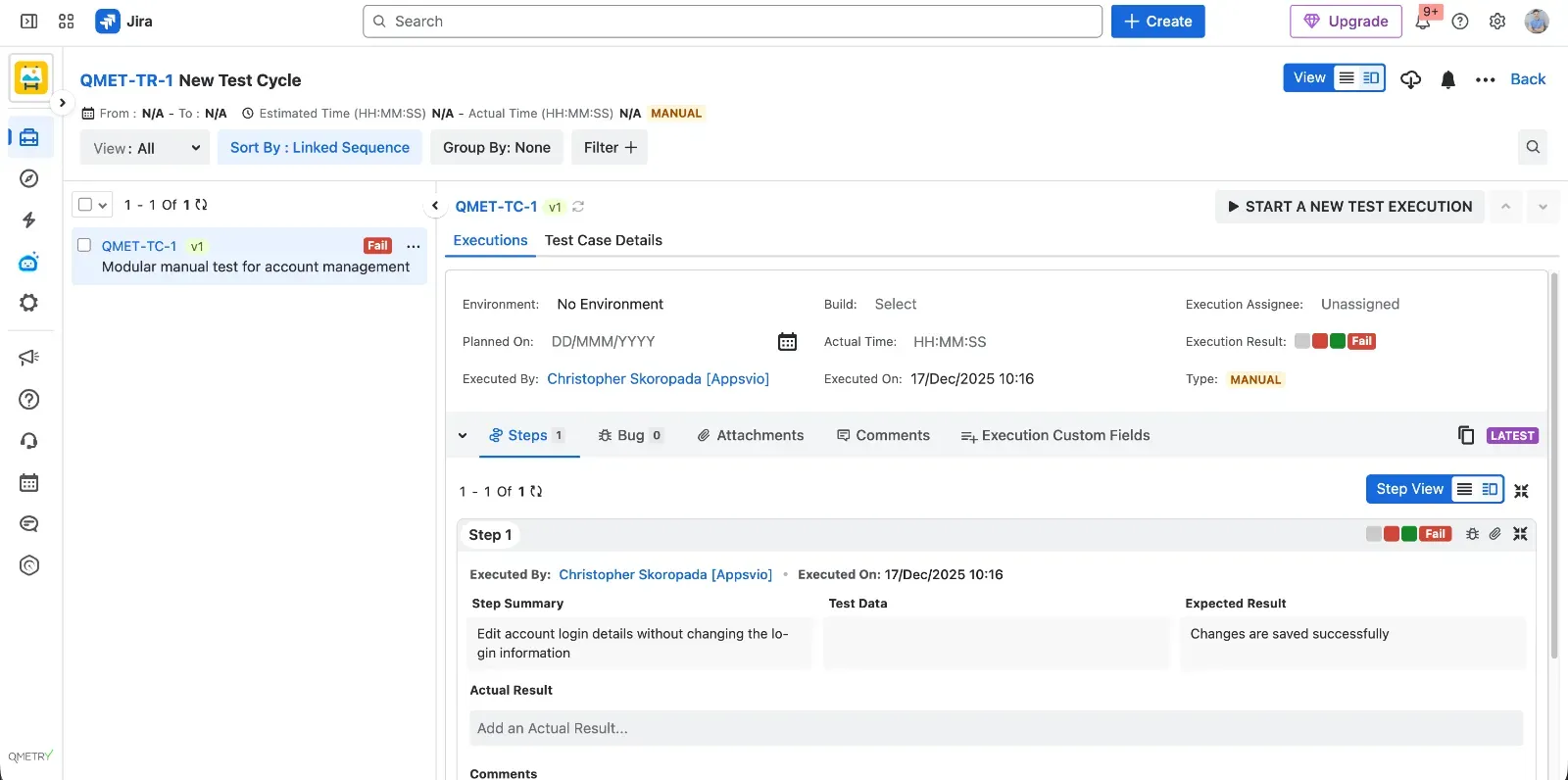 Test Execution view in QMetry