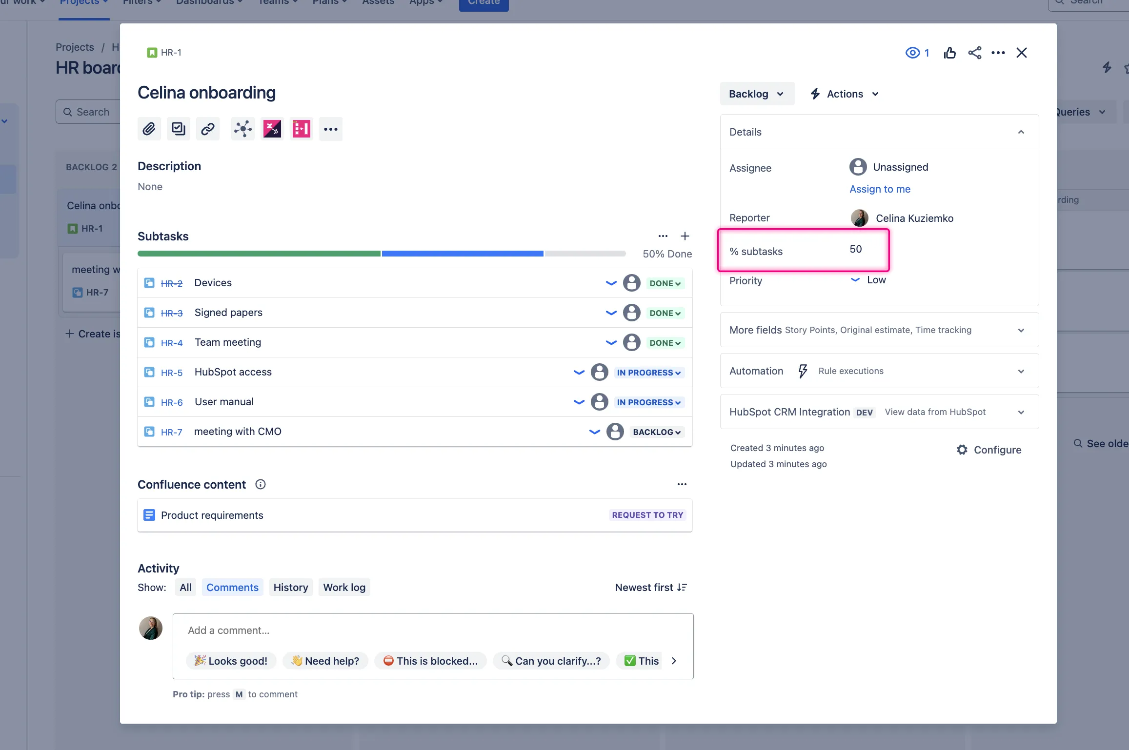 Number of done subtasks