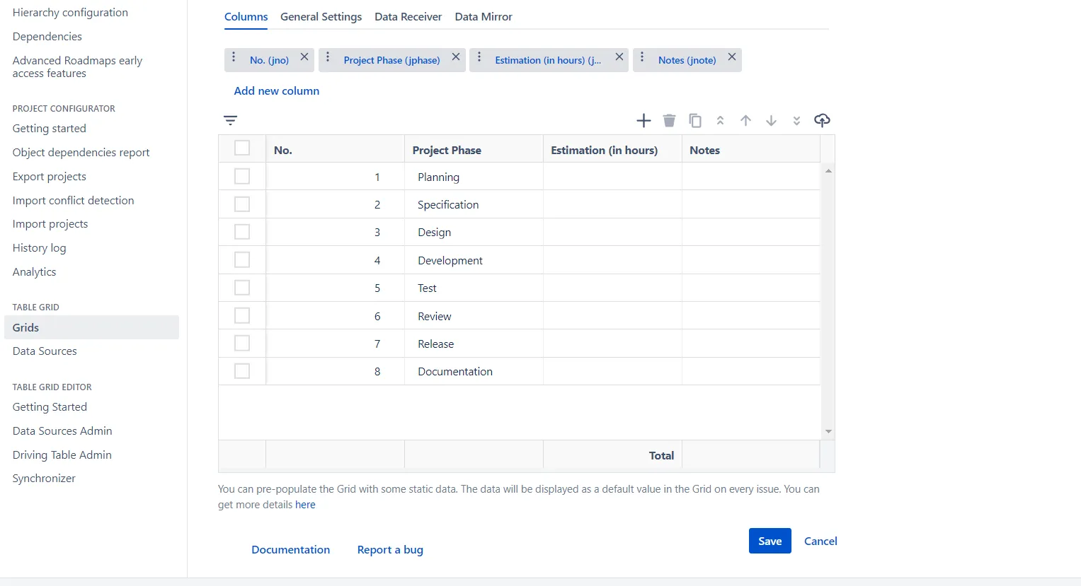 Configuration of Table Grid