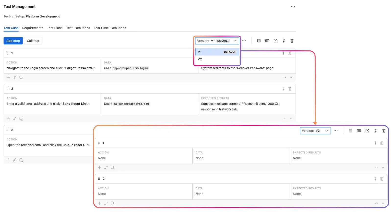 Test Steps Versioning in Appsvio Test Management