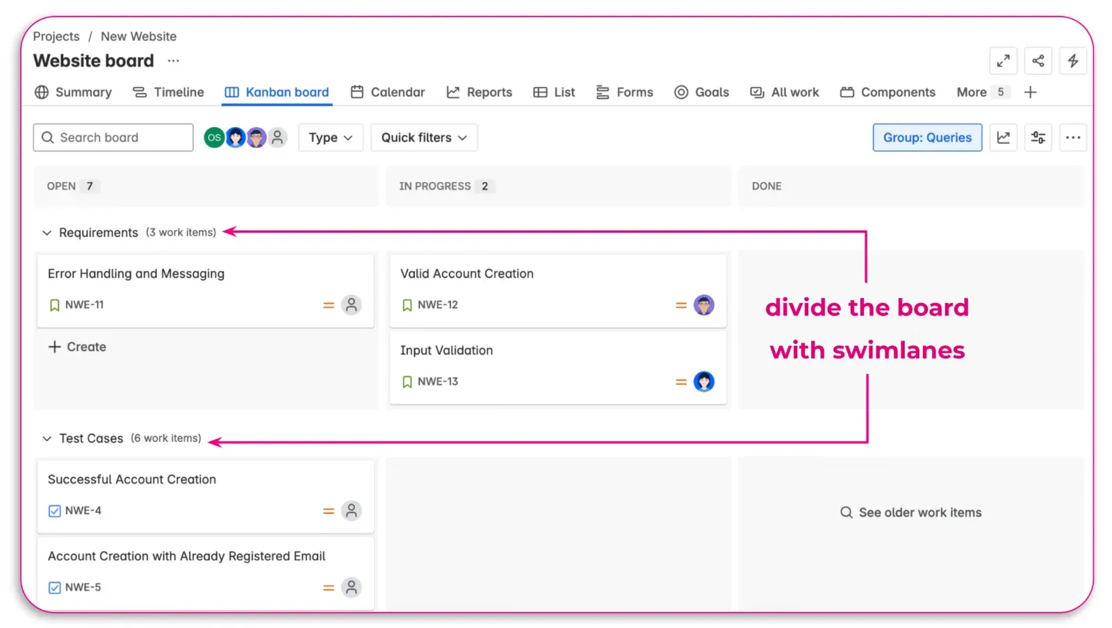 Jira swimlanes to organize tests