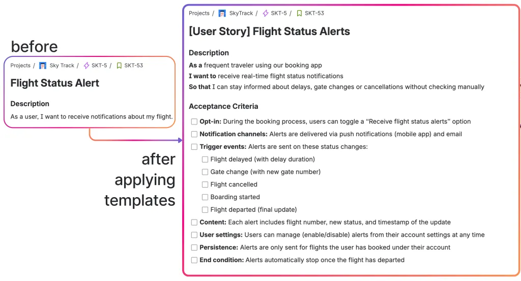 User story template in Jira