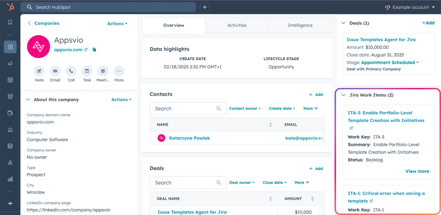 Jira Work Items View on Hubspot