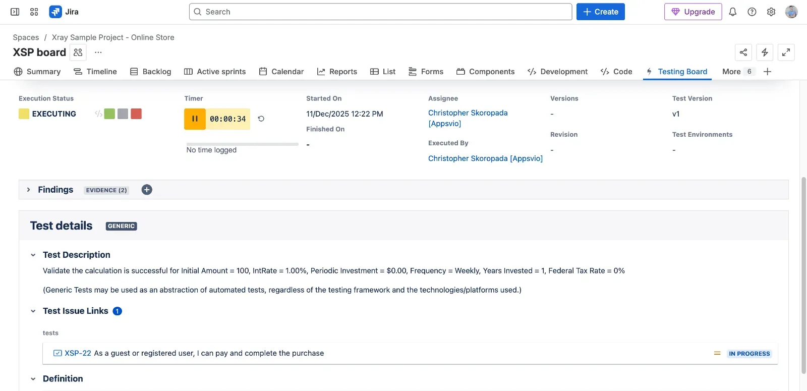 Test Execution view in Xray