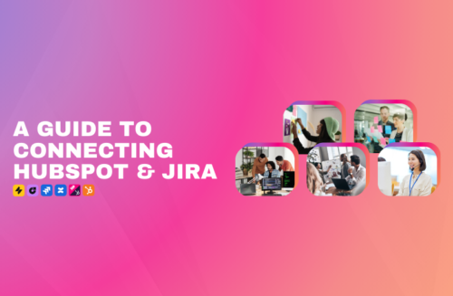 Banner titled "A Guide to Connecting HubSpot & Jira" featuring software integration logos and a collage of people collaborating in professional office settings.