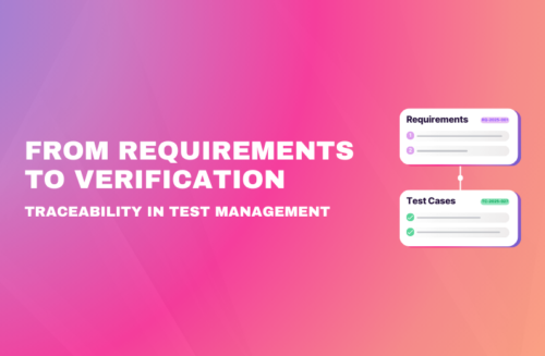 "From Requirements to Verification: Traceability in Test Management" headline with a flowchart graphic connecting a "Requirements" card to a "Test Cases" card.