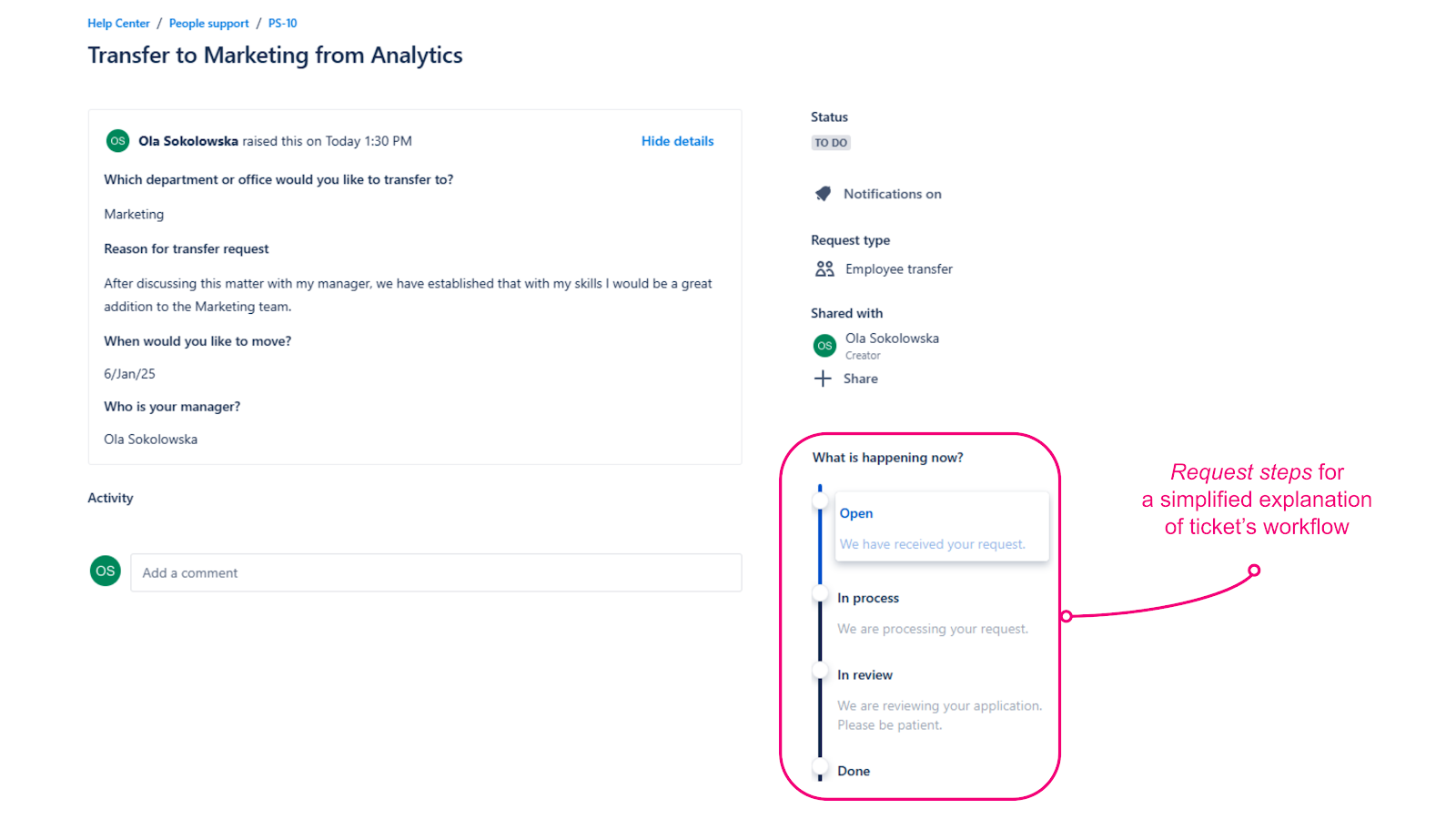 Share the ticket's journey by adding Request Steps and gain more understanding from your users.