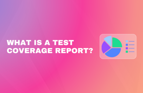 Banner asking "What is a Test Coverage Report?" illustrated with a graphic of a multi-colored pie chart and data visualization dashboard.
