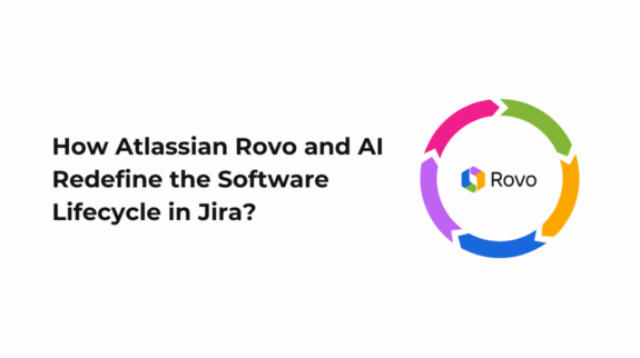 Banner titled "How Atlassian Rovo and AI Redefine the Software Lifecycle in Jira?" on a clean white background, featuring the Rovo logo surrounded by a colorful, circular arrow lifecycle graphic.